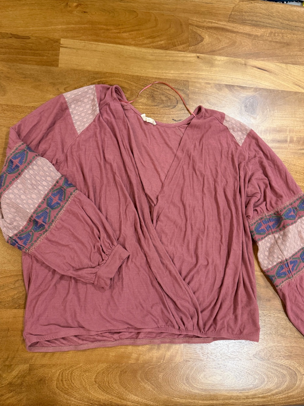 Mystree Rose-Mauve Embroidered Boho V-Neck Wrap Blouse Size Large